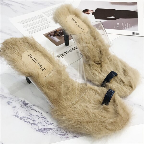 Chinelos peludos, chinelos, sandálias, plástico transparente, com dedos dos pés abertos, sapatos de salto alto de pele de coelho, sapatos de estilete: 2 / 39