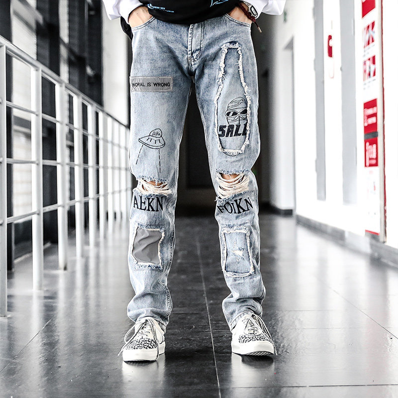 décontracté Denim déchiré trou lâche mendiant hommes imprimé jean coréen été mince jean décontracté patch pantalon
