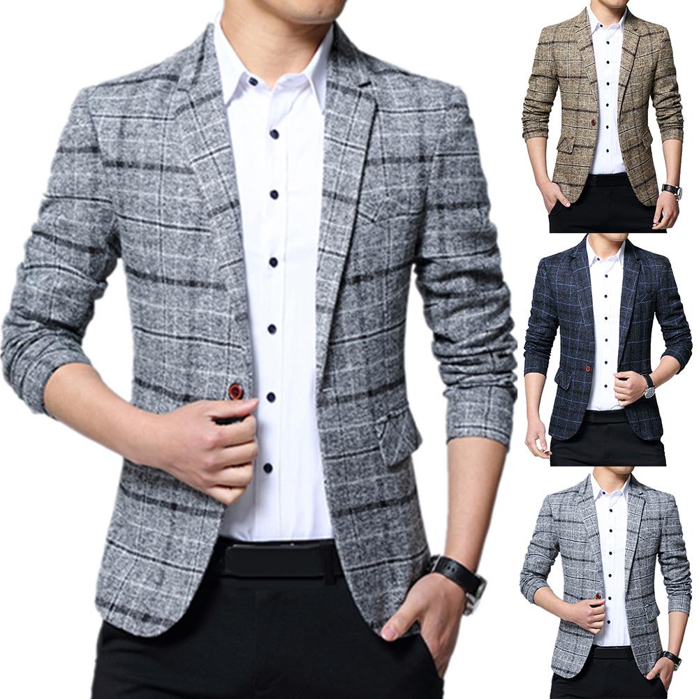 Men Plaid Lapel Slim Blazer Jacket Coat One Button Office Business Suit