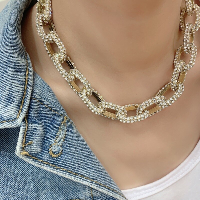 Luxe glinsterende, dikke cubaanse ketting met strass-steentjes voor dames, goud, zilver, metalen, holle, brede schakelketting, accessoires