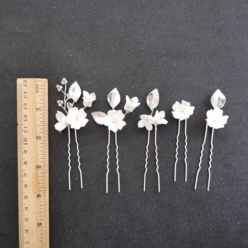 SLBRIDAL fatto a mano Ceram Fiore del Foglio Della Lega di Perle Da Sposa Capelli Spille Capelli etichetta Accessori per Capelli Da Sposa Damigelle D'onore Dei Monili Delle Donne: argento