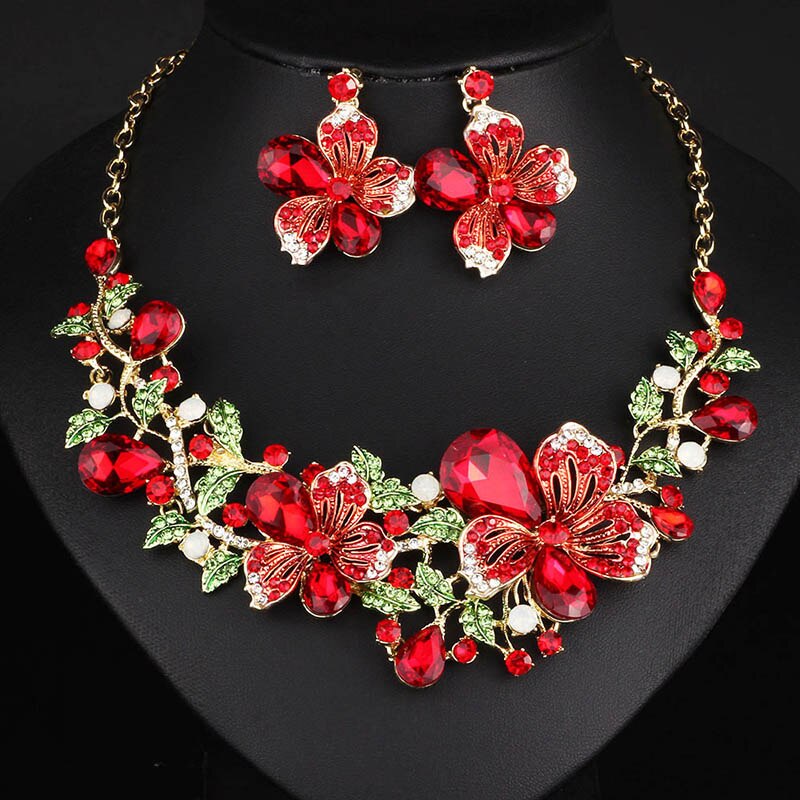 FARLENA Sieraden Luxe Multicolor Crystal Rhinestones Bloemen Ketting Oorbellen Set Bridal Prom Sieraden Sets: red