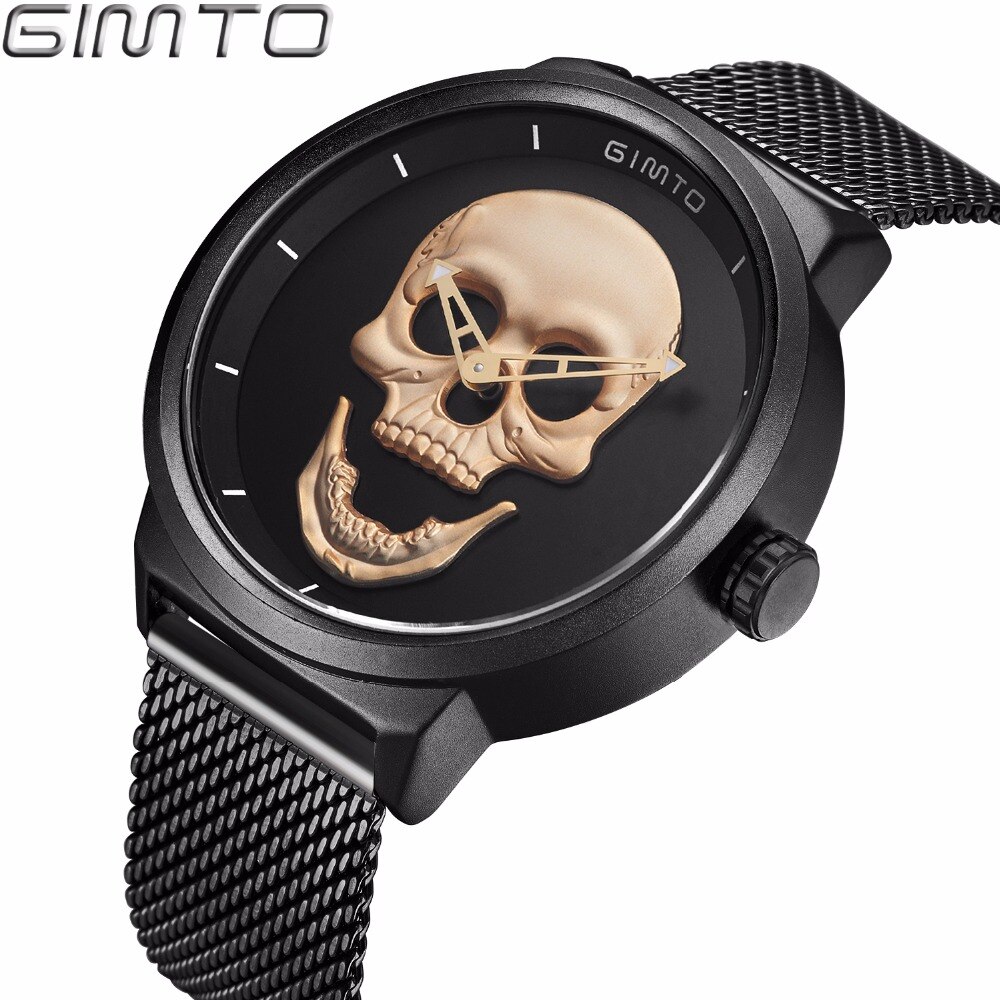 GIMTO-relojes casuales de acero inoxidable para hombre, reloj de pulsera masculino de cuarzo, con de calavera dorada, color negro