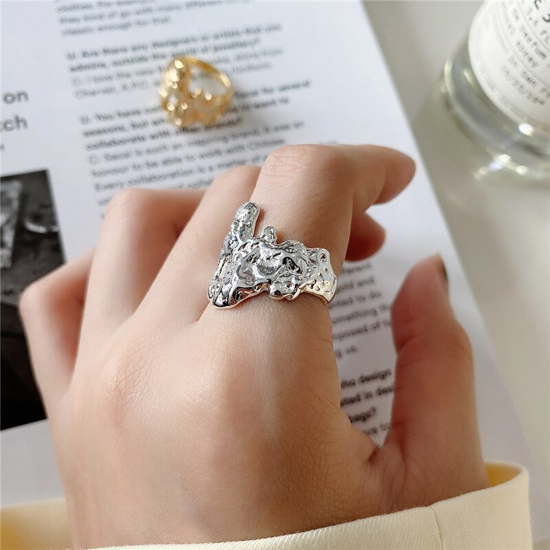 RUIYI Real 925 Sterling Silver Women Geometric Irregular Bump Mapping Rings Female Punk Hyperbole Niche Dysmorphism Open Rings: 925 Silver