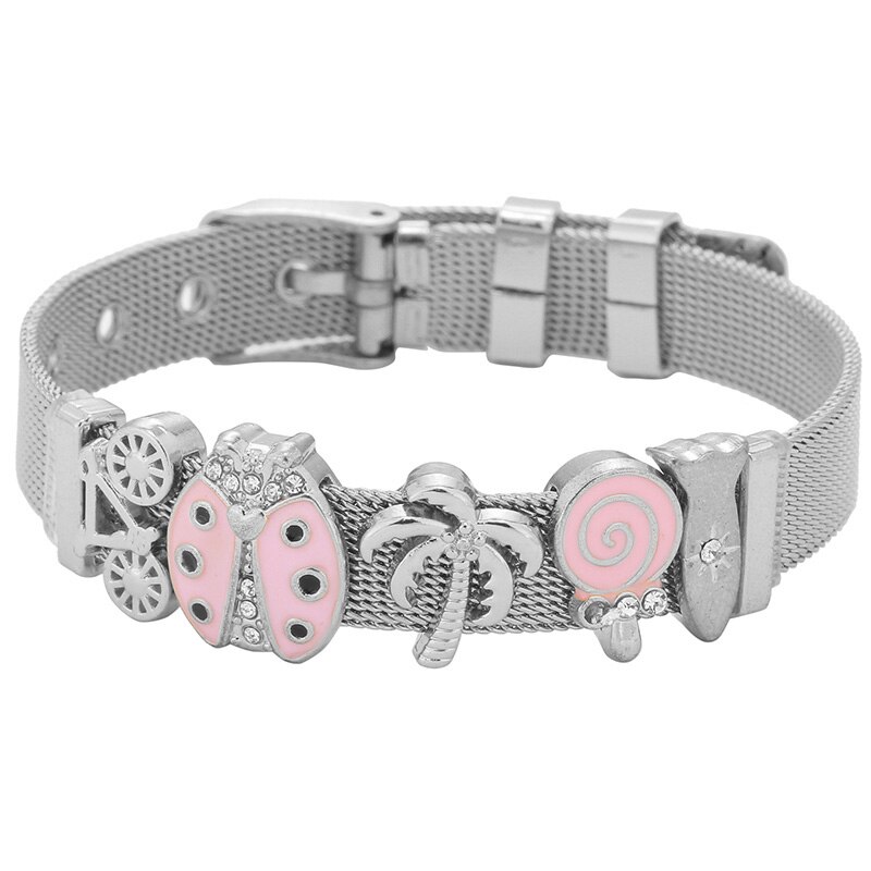 Stainless Steel Pink Lollipop Bracelet For Women Mesh Bracelet Set Crystal Bees Charm Fine Bracelets Bangles for Female Lover: D005