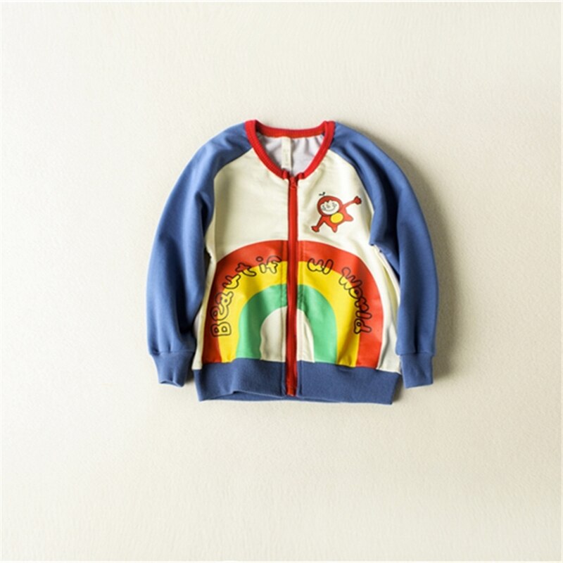 Baby Jongen Jas Met Lange Mouwen, Ronde Kraag Rainbow Printing Top, Rits Contrast Kleur Jas