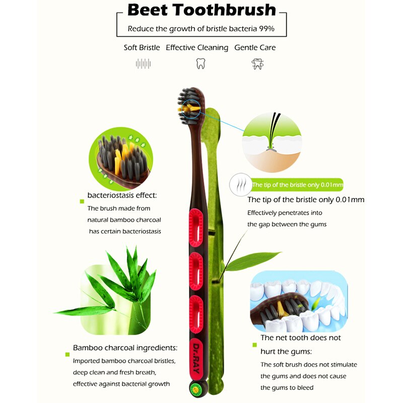 Dr.Ray Toothbrush Bamboo Charcoal Teethbrush Soft 0.01mm Brush Bristle Small Head Toothbrush With Tongue Scraper Cleaner