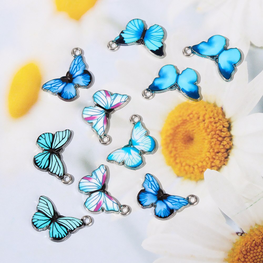 Colgantes de mariposa de esmalte azul, accesorios de joyería hechos a mano, 10 piezas