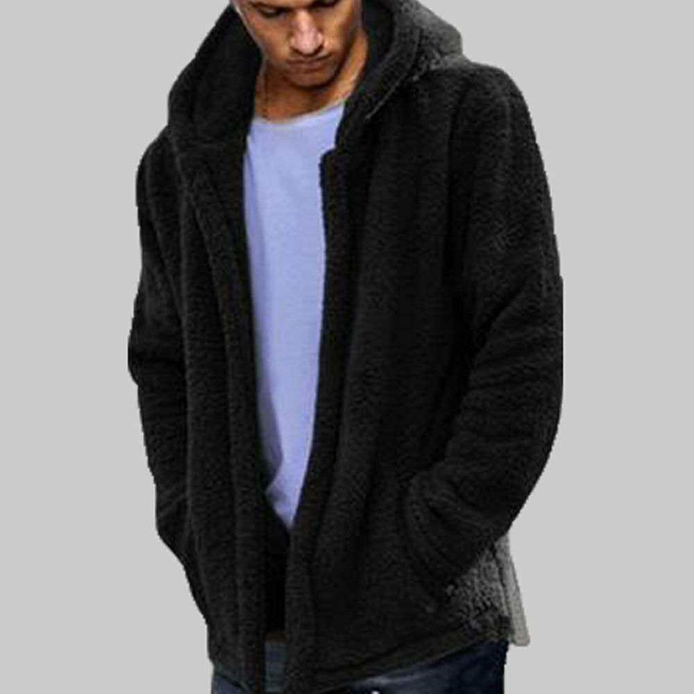Men Male Casual Winter Warm Teddy Bear Pocket Coat Fleece Fur Jackets Hoodies Outwear: Black / XXL