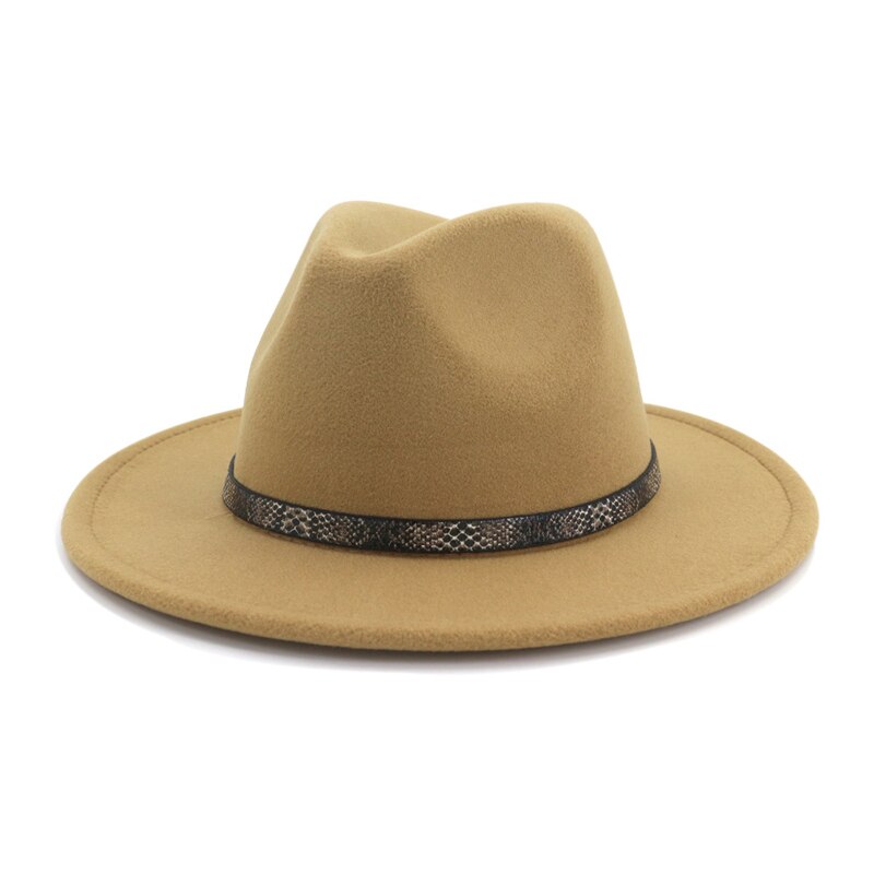 QBHAT femmes hommes à large bord laine feutre chapeau disquette Jazz casquette Panama Fedora chapeaux avec serpent Grain cuir Trilby QB57