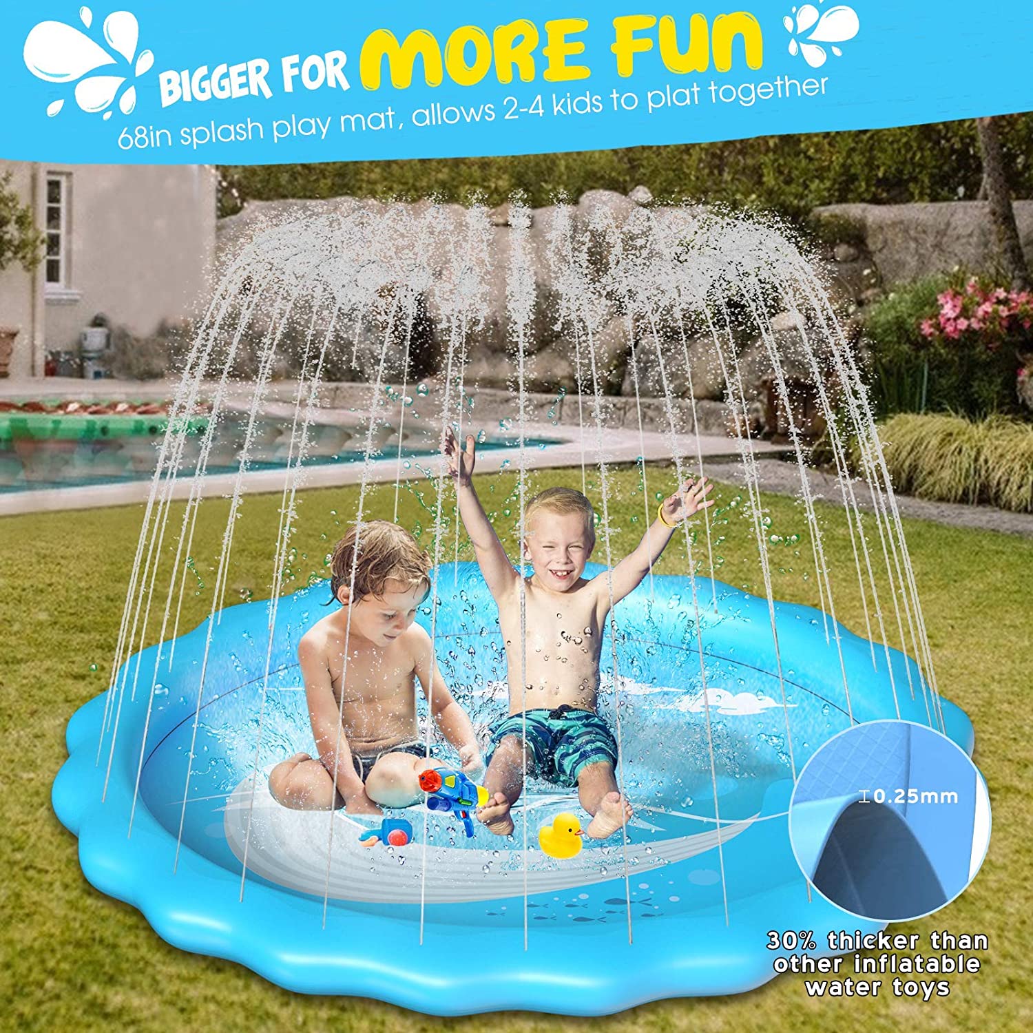 Splash Pad, 68’’ Sprinkle &amp; Splash Pad for Kids Splash Water Pad Summer Outdoor Water Play Sprinklers Games Garden Beach Spray M