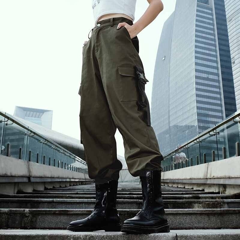 Udendørs bjergbestigning bukser kvinder løse joggers høj talje hær harem camo bukser streetwear punk seje rene fragt bukser: Militærgrøn / M