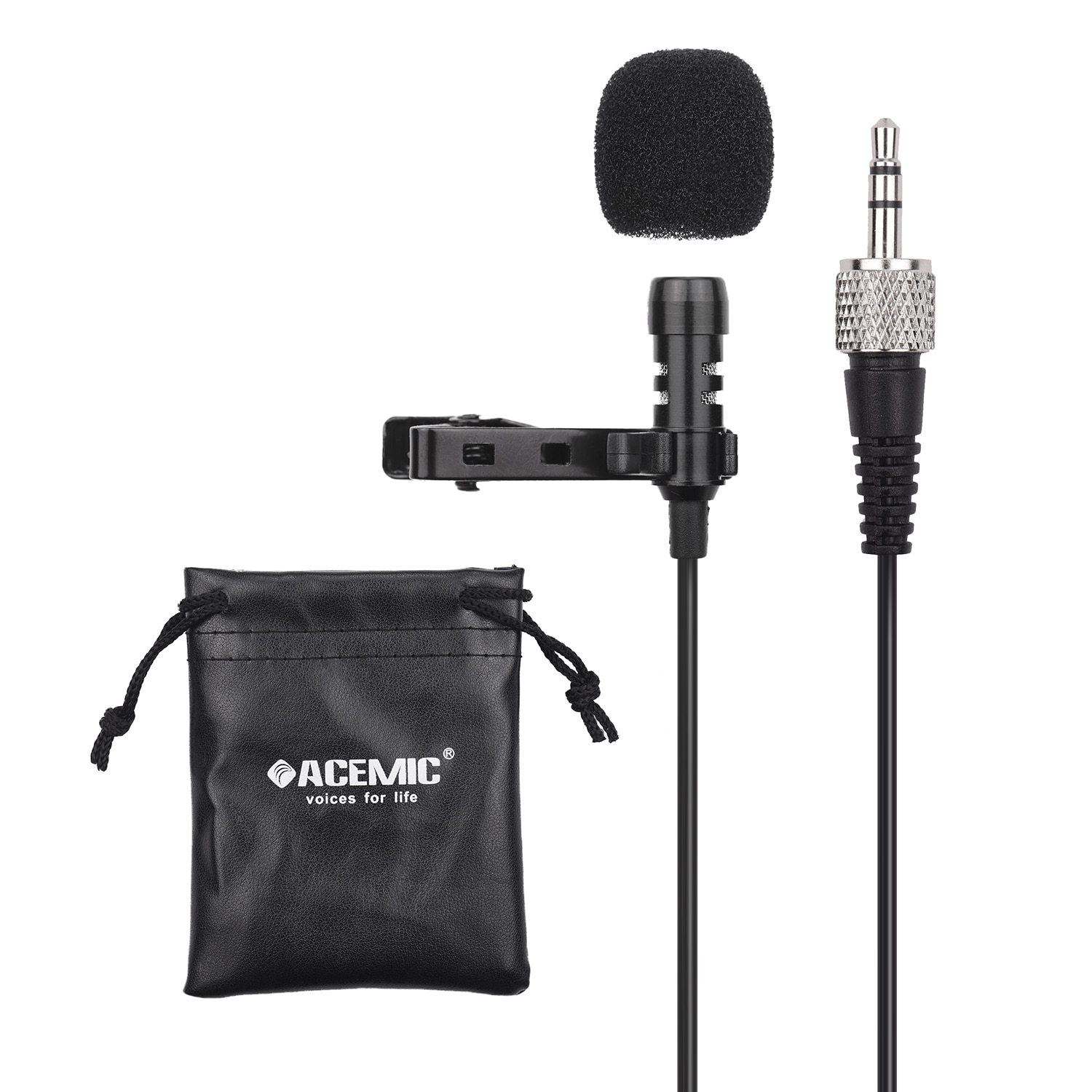 Acemic  m21 clip-on kondensator lavalier mikrofon mic fotografering 3.5mm trs stik 1m kabel med bæretaske til sony  d11 d12