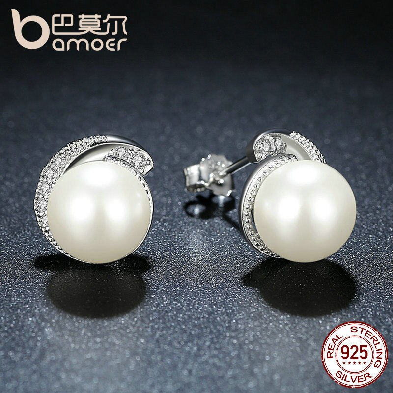 BAMOER Pearl Earrings Jewelry 925 Sterling Silver White Pearl Push-back Stud Earrings For Women Jewelry SCE021