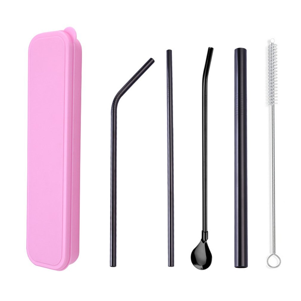 Set van 4 herbruikbare drinkrietjes van roestvrij staal, recht gebogen, breed melkrietje, pipetlepelset met reinigingsborstel en etui: Set 5