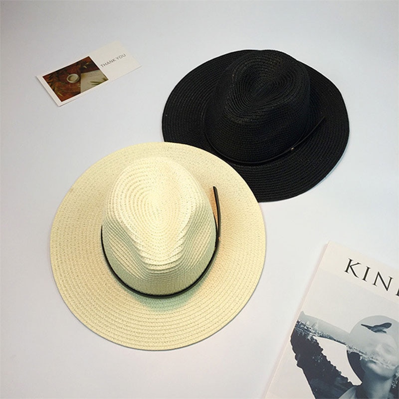 Nueva mujer sombreros de las mujeres sombrero de verano clásico negro faja de Panamá sunhats Jazz Sombrero sombreros de playa para mujeres chapeau de paille femme