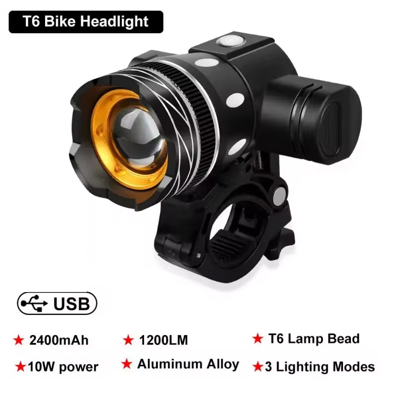Luz delantera LED T6 para bicicleta, faro para bicicleta con Zoom ajustable, recargable por USB, resistente al agua, accesorios para bicicleta de montaña: Default Title