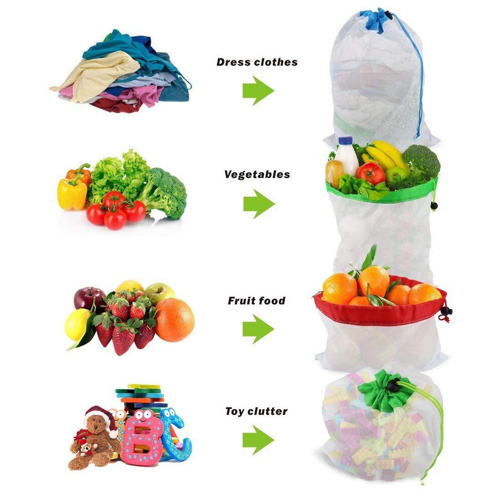 12 stuks herbruikbare netzakken voor boodschappen, fruit, groenten, speelgoed, diversen, organizertas, thuis, keuken, trekkoordtas