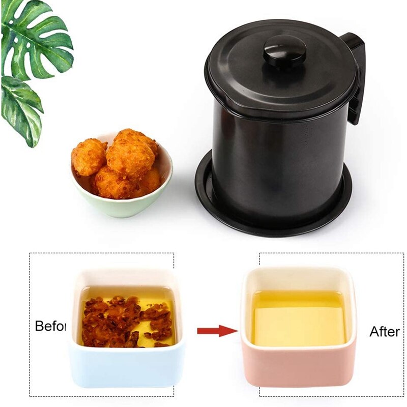 Contenedor de grasa, almacenamiento de aceite de Bacon con filtro de malla fina, lata de cocina negra de 1,3 L para aceite de cocina usado, grasa, aceite para freír