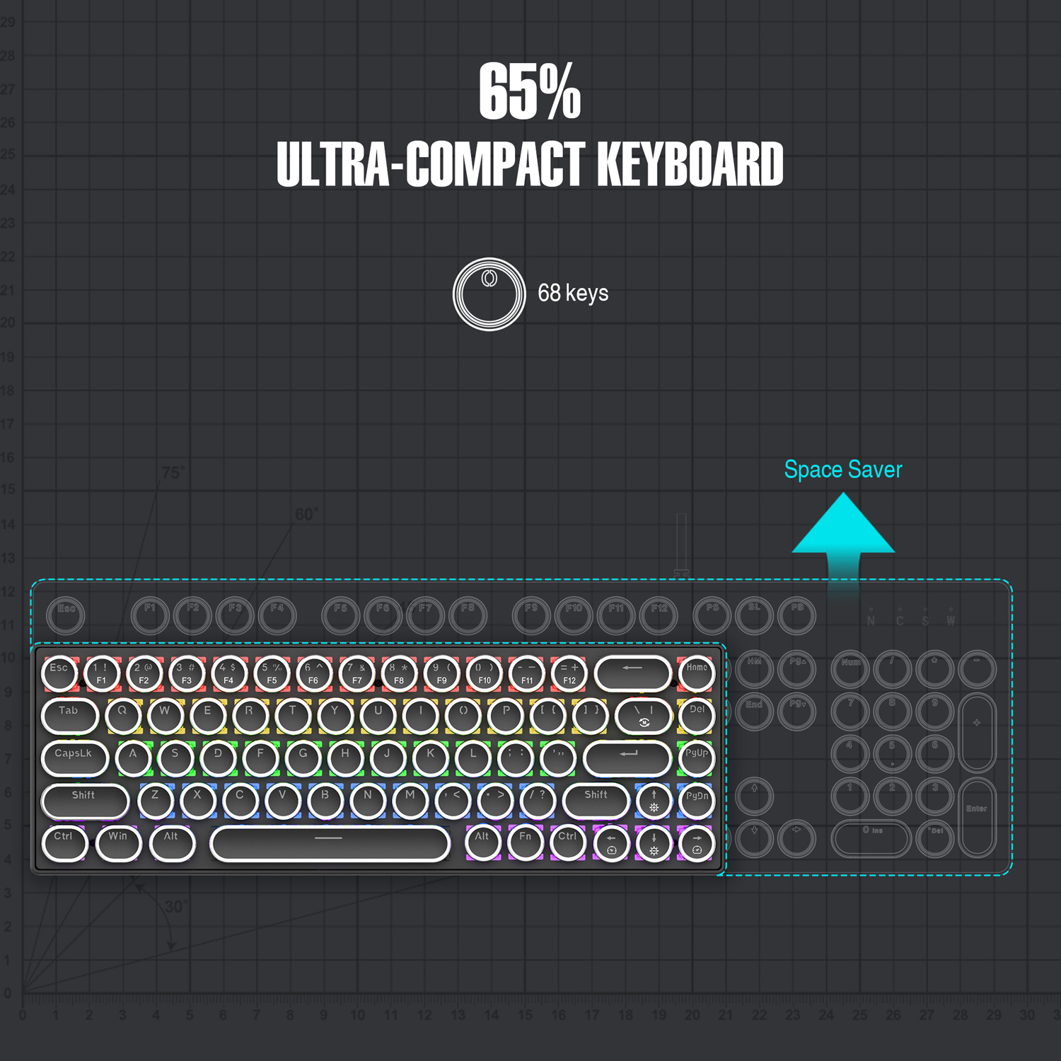 7KEYS Compact and Portable 68 Key, Retro - Style ,Detachable Cable Wired Gaming Mechanical Keyboard TW1870