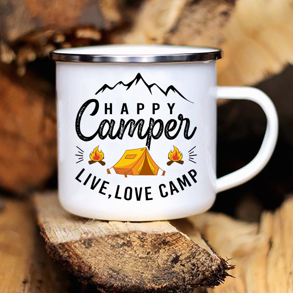 Tazas de Camper con estampado de caravana, taza esmaltada para acampar, aventura, fogata, , cerveza, jugo, tazas con mango de montaña, para Camper: Negro