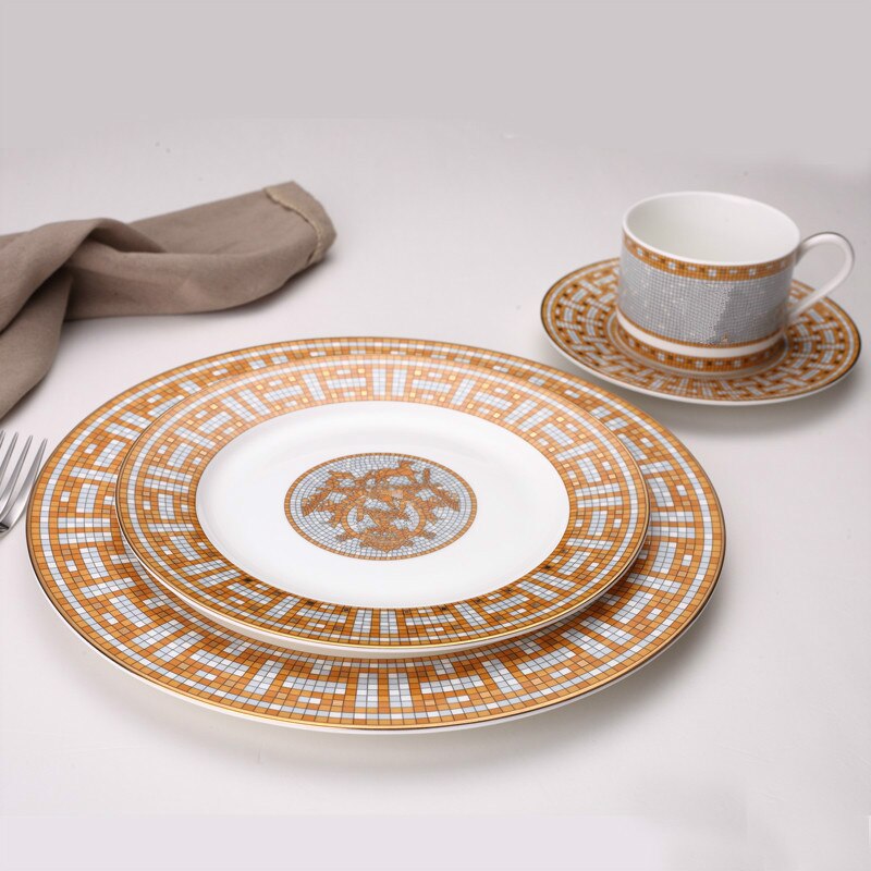 Ceramic Dinner Plates Geometric Pattern Ceramic Dish Charger Plate Yellow Grid Dinnerware Plate Set Serving Dish