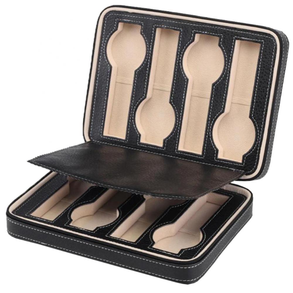 2/4/8 Grid Watch Jewelry Storage Box Faux Leather Zipper Multi-Functional Organizer Display Case Portable Watch Organizer: Black 8 Grids