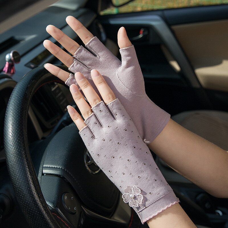 Gants de protection solaire pour femmes, en coton, UV, perle, Sport, cyclisme, conduite, écran tactile, demi-doigt, moufle, fleur, point, O22