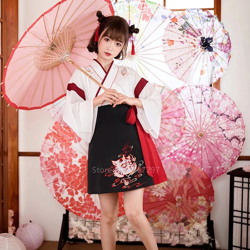 Asian Kimono Short Skirt Set Japanese Traditional Harajuku Kimono Women Girls Asian Yukata Retro Embroidery Yukata Hanfu