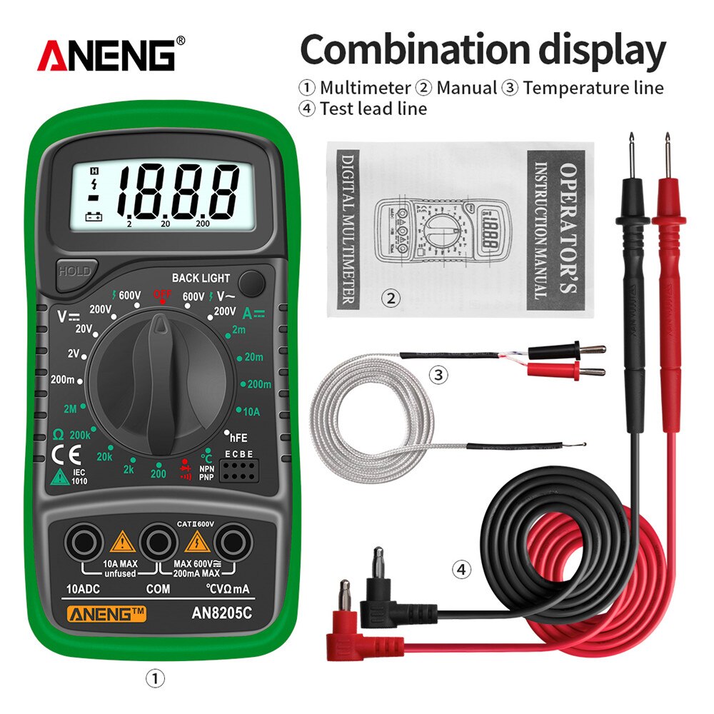 Xiaomi ANENG AN8205C Digital Multimeter AC/DC Ammeter Volt Ohm Tester Meter Multimetro With Thermocouple LCD Backlight Portable: AN8205C Green