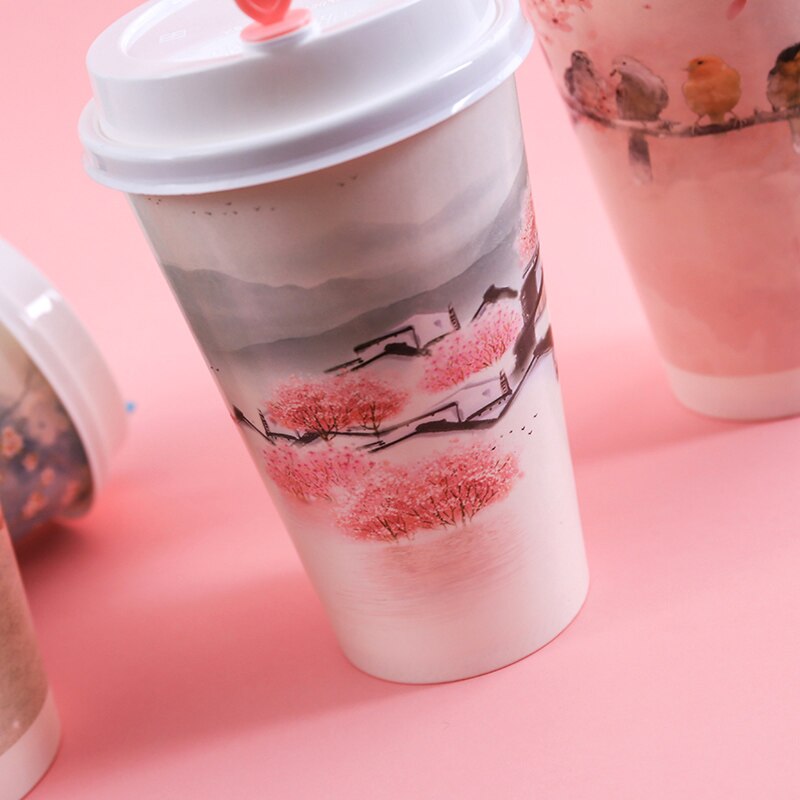 50 Stuks Wegwerp Koffiekopje 500Ml 16Oz Chinese Stijl Bloemen Party Koud Drink Paper cup Met Deksel