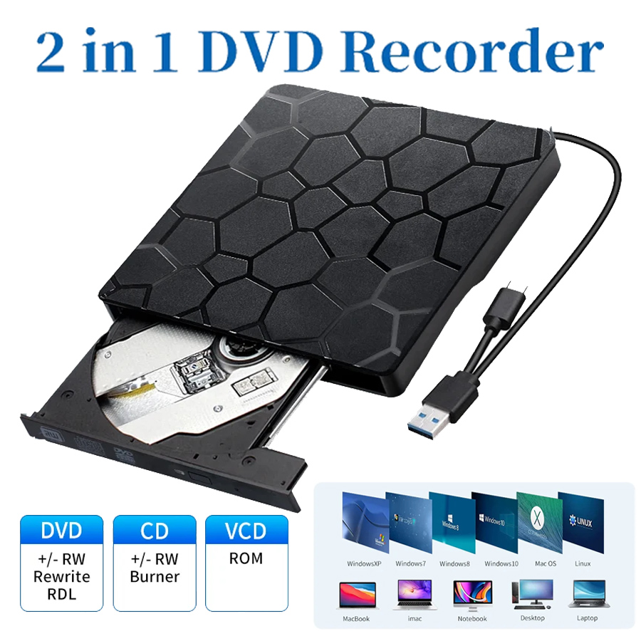 USB3.0 Typ C Externes optisches Laufwerk DVD RW CD-Leser Brenner Tragbarer DVD-Brenner-Player für Laptop PC Windows 11 10 Linux OS Mac: Default Title