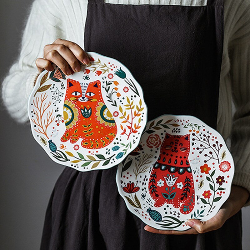 Colorful Cat Dinner Plate Under-glazed Ceramic Dinner Dishes Dessert Tray Flower Kitten Dinnerware Microwave Safe Dessert Plate