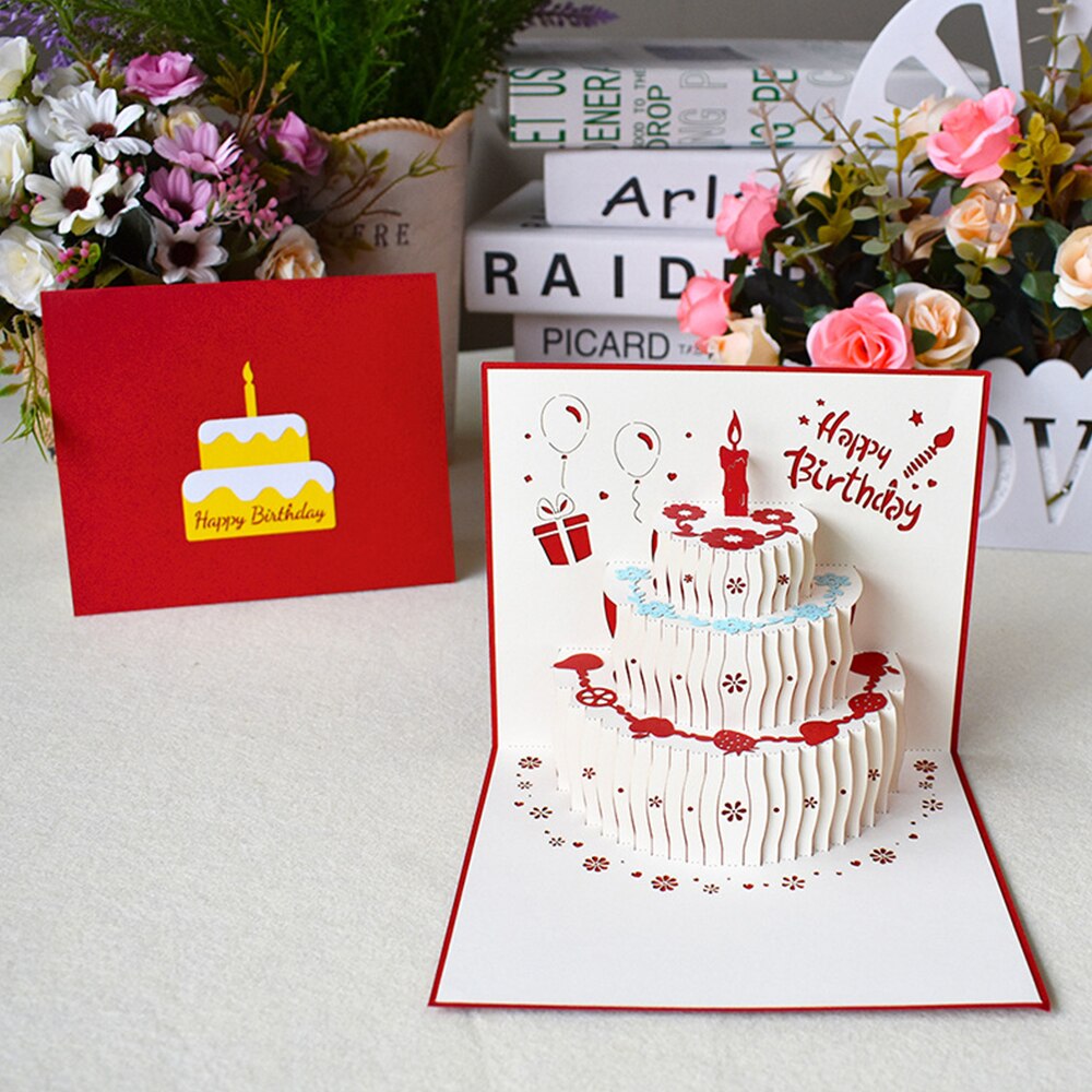Tarjetas Pop-Up 3D, tarjetas de pastel de cumpleaños para niños, esposa, marido, tarta de cumpleaños, tarjetas postales, tarjetas de: Rojo