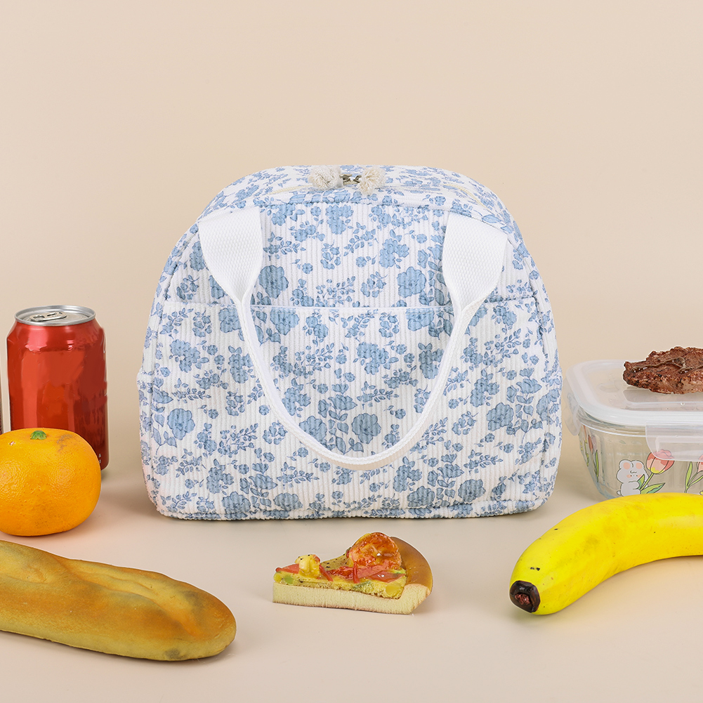 Women Quilted Lunch Bag Large Capacity Hand-Held Cooler Bag Floral Printed Cotton Padded Picnic Bag Travel Picnic Camping Bag: Blue