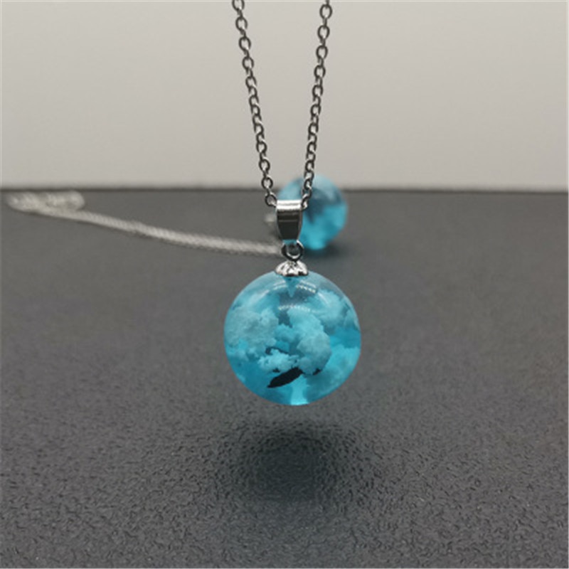 Handmade Blue Sky And White Clouds And Bird Gradient Pendant Necklace, Transparent Crystal Resin Pendant Jewelry For Women