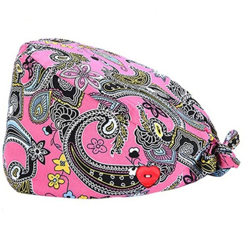 Women Ethnic Paisley Buttons Scrub Cap wtih Hair Ties Work Bouffant Hat F3MD: 3