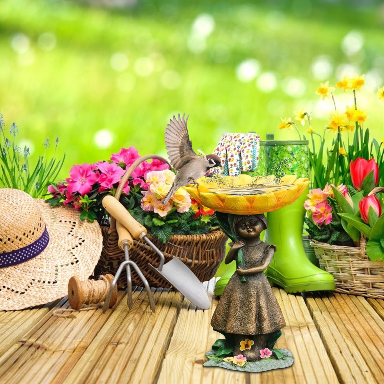 Polyresin Bird Bath For Outside With Brown Pedestal Handmade Wild Bird Feeder Garden Tools Garden Decoration Outdoor