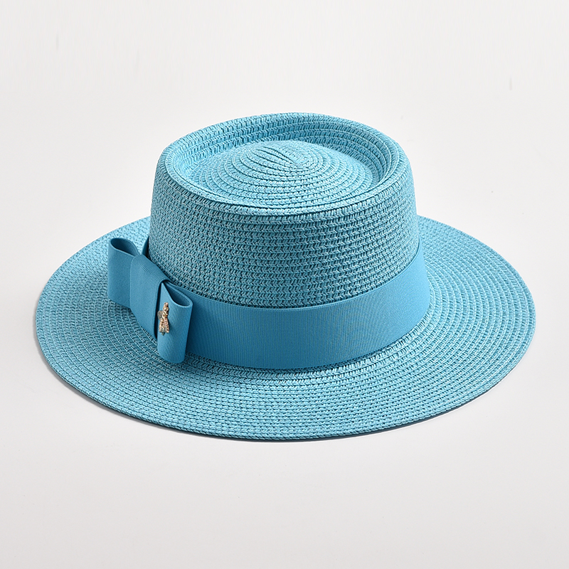 Sombreros de paja para mujer, sombrero de paja redondo con superficie irregular, Top plano con lazo, vestido, Gorra de viaje para playa, novedad de primavera y verano: Azul