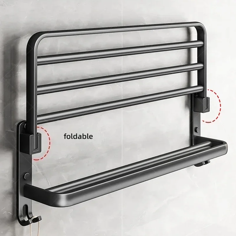 Raft de baie pliabil fără găurire, suport de prosoape din aluminiu cu strat dublu, depozitare pentru baie, suport de prosoape de baie cu cârlig, suport pentru prosoape