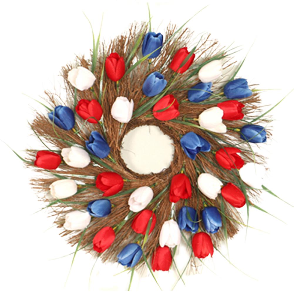 MeterMall Artificial Tulip Wreath Home Door Hanging Summer Decorative Garland: Red white blue / 30CM