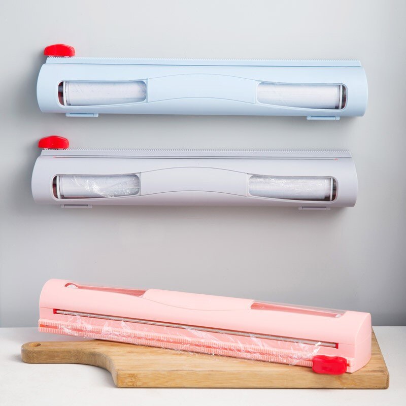 Plastic Food Wrap Dispenser with Slide Cutter Adjustable Cling Film Cutter Preservation Wall-Mounted Storage Box with Suction