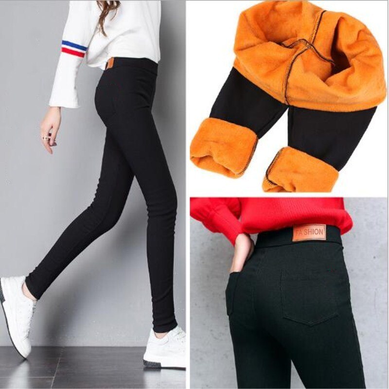 Wkoud vinterbyxor kvinnor tjocka varma fitness leggings guld fleeces fotlösa leggings kvinnliga smala svarta leggings byxor  p8496: S