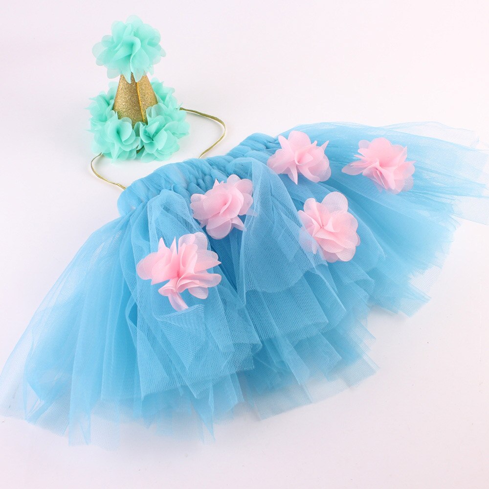 Newborn Baby Girl Tulle Skirt Mesh Fluffy Tutu Skirt With Flowers Decoration+ Princess Crown Headband 2pcs Outfit Photo Costumes