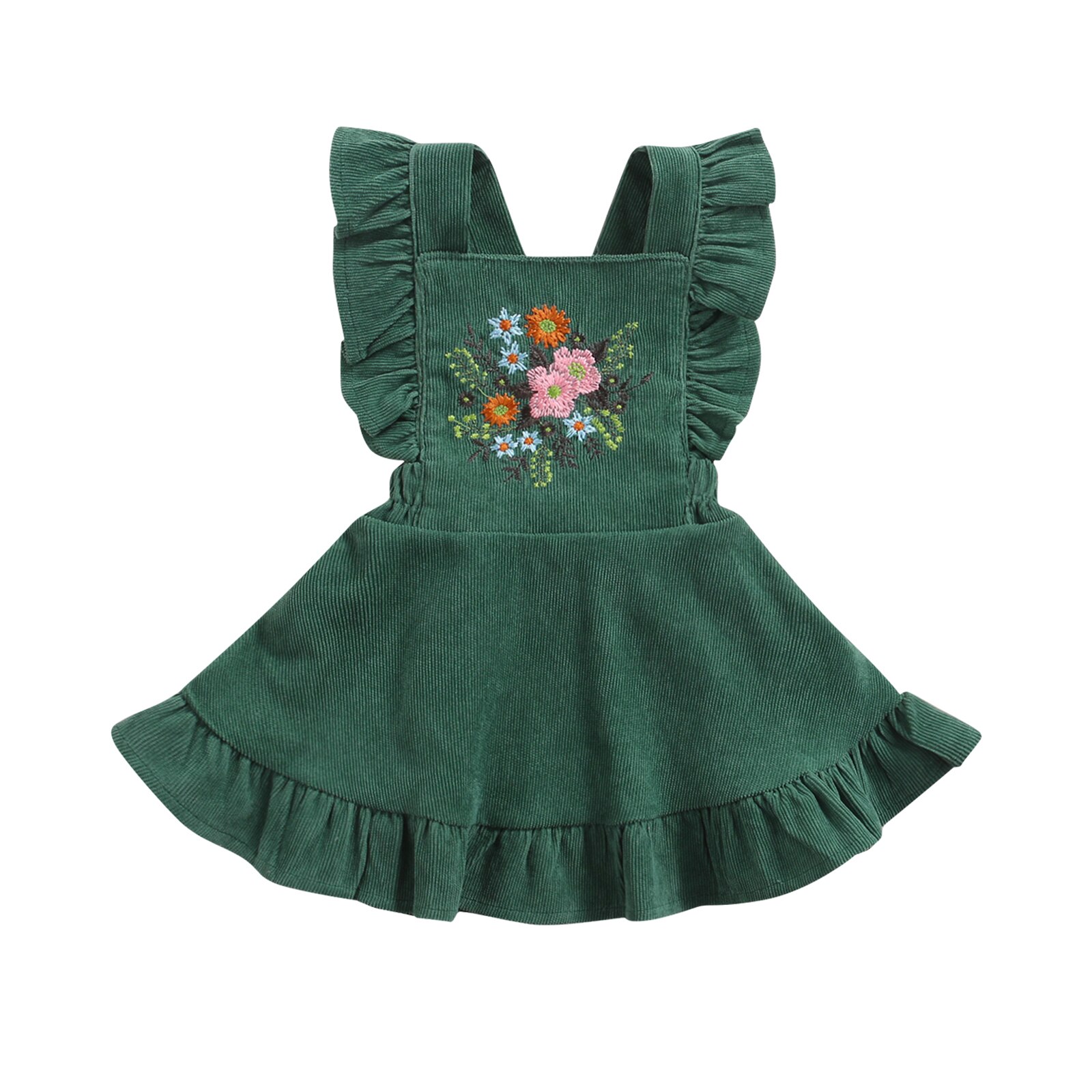 Falda con volantes y tirantes para niña, falda de princesa bordada con flores, estilo Vintage, con tirantes de pana: Verde / 24 meses