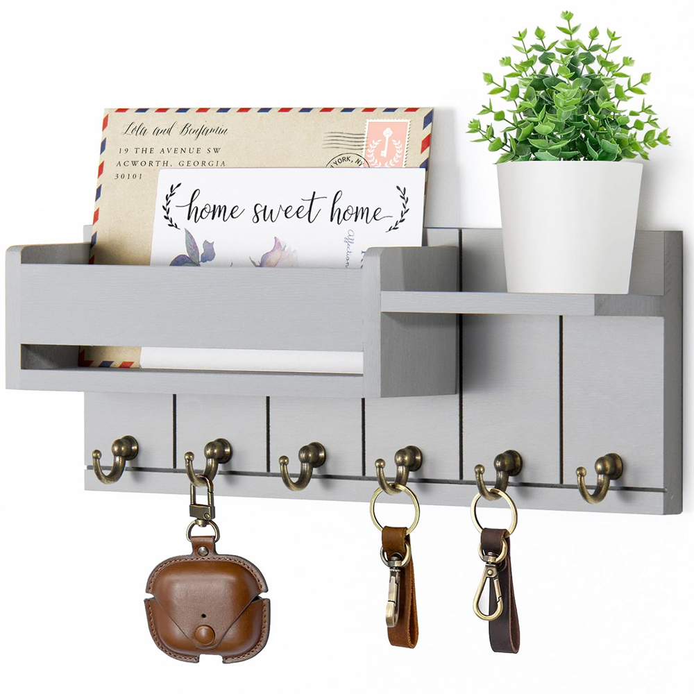 Rustic Decor Wood Wall Shelf with Mail & Key Hooks 6Hook Organizer Suitable for Living Room or Home Entryway: GRAY