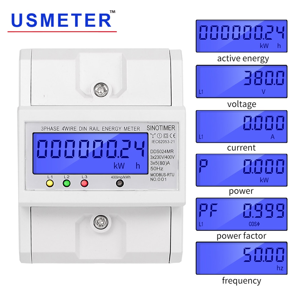 DDS024MR 80A LCD Energy Meter Modbus Three-Phase Electric Meter Volt Amp Watt Meter Power Meter Cycling Home Energy Monitor