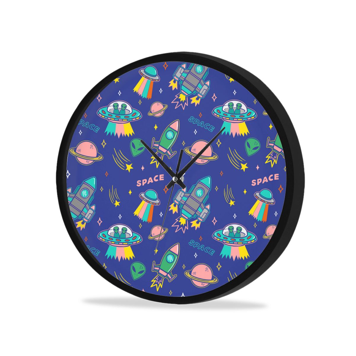 3D Cartoon Astronaut Space Ship Wall Clock Living Room Quartz Watch DIY Home Decoration Round Clocks: Black2 / 25CM