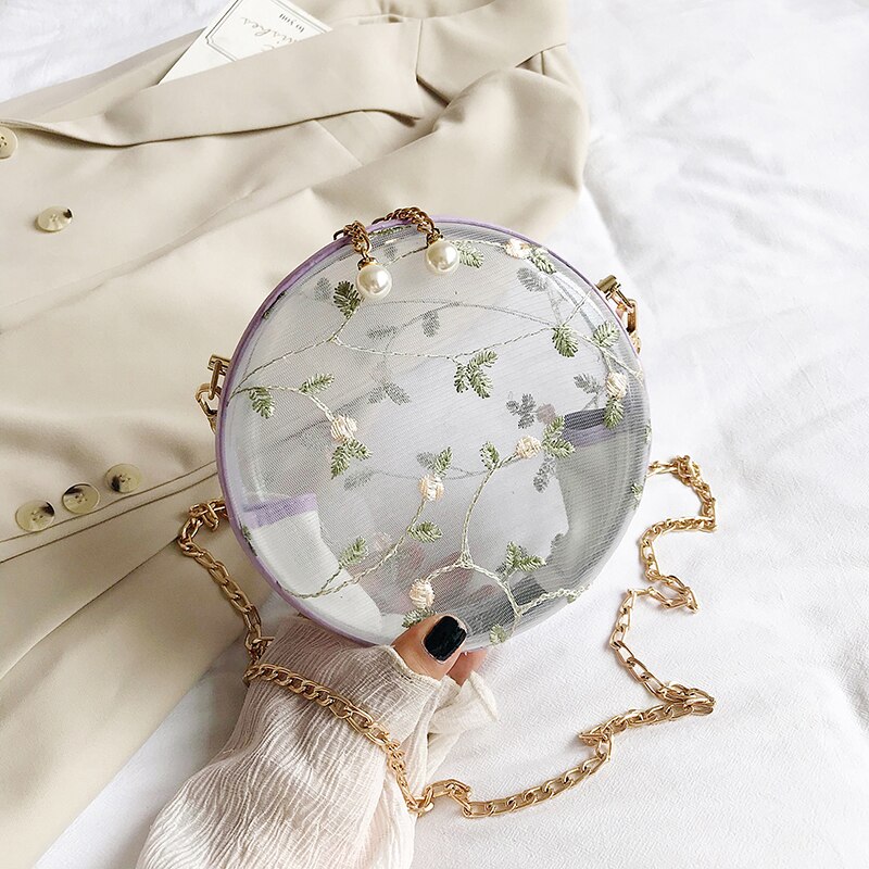 Transparente Runde Umhängetasche - Floral PVC - Perlen & Ketten Deko - Einzelner Riem - Lady Stil: 18 cm Lila