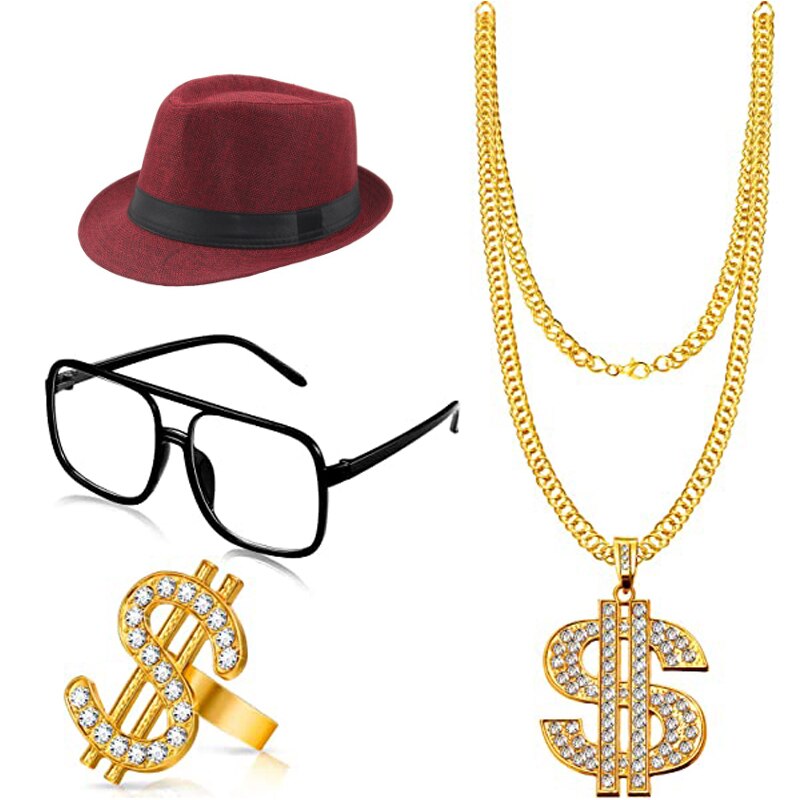 4 stykker hip hop kostume sort hvid hat briller dollarskilt guld kæde ring hip hop 80s/90s rapper tilbehør halloween fest: Burgunder